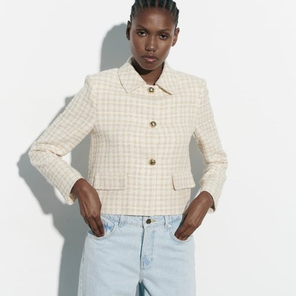 NWT Zara Cropped Checkered Blazer Medium - Gold Button Detail - Picture 2 of 6